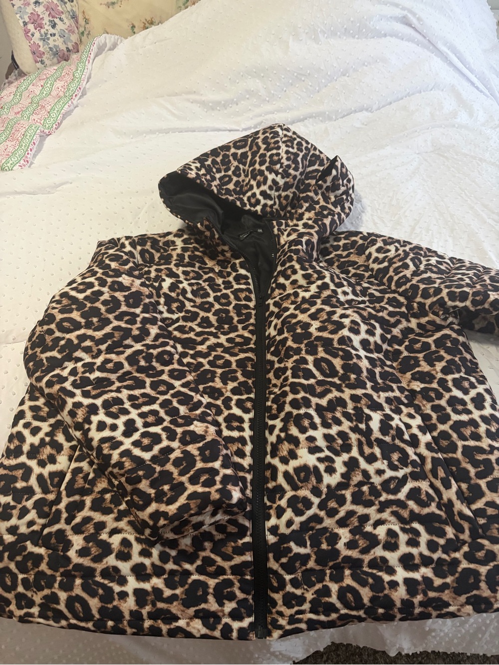 Women’s Leopard Plus Size Print Puffer Jacket with Hood - Brown/Black